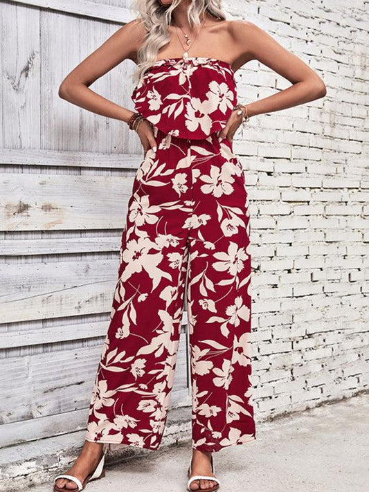 Women's tube top printed tight red jumpsuit - 808Lush