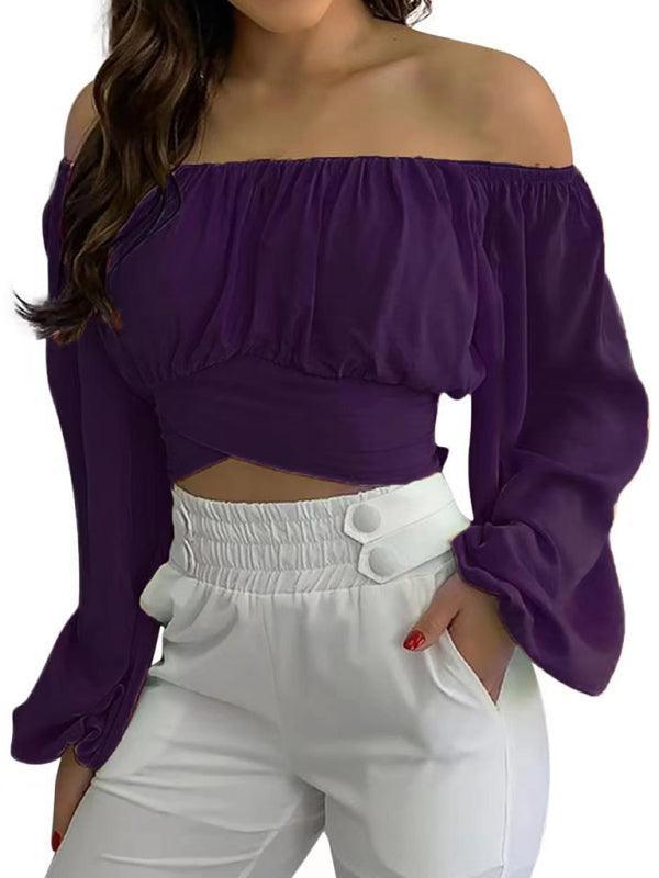 Women's off-shoulder cross strap long sleeve top - 808Lush