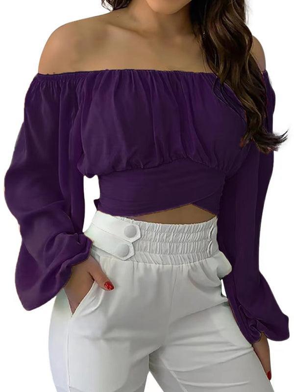 Women's off-shoulder cross strap long sleeve top - 808Lush