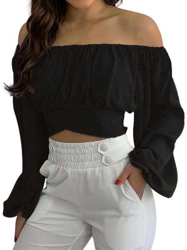 Women's off-shoulder cross strap long sleeve top - 808Lush