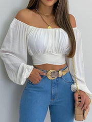 Women's off-shoulder cross strap long sleeve top - 808Lush