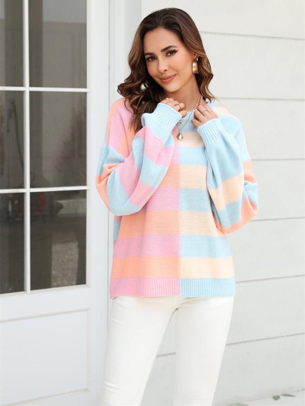 Women's patchwork striped contrasting crew neck sweater pullover - 808Lush