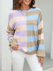 Women's patchwork striped contrasting crew neck sweater pullover - 808Lush