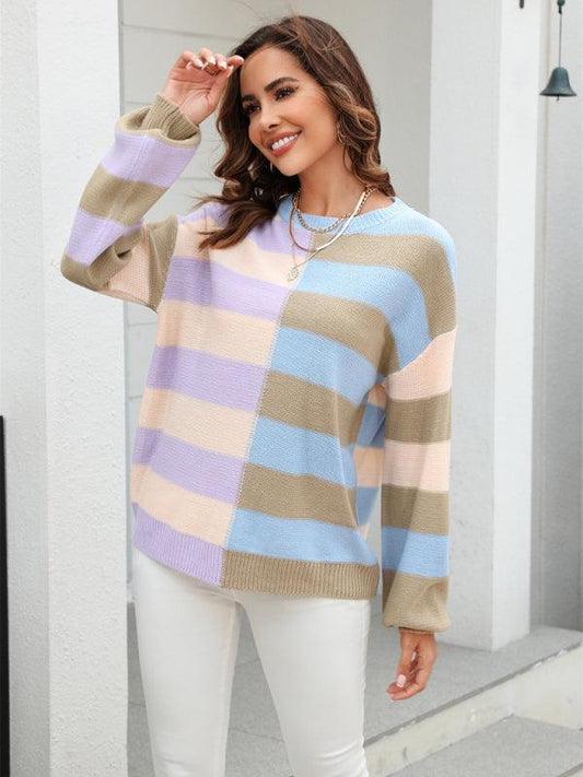 Women's patchwork striped contrasting crew neck sweater pullover - 808Lush