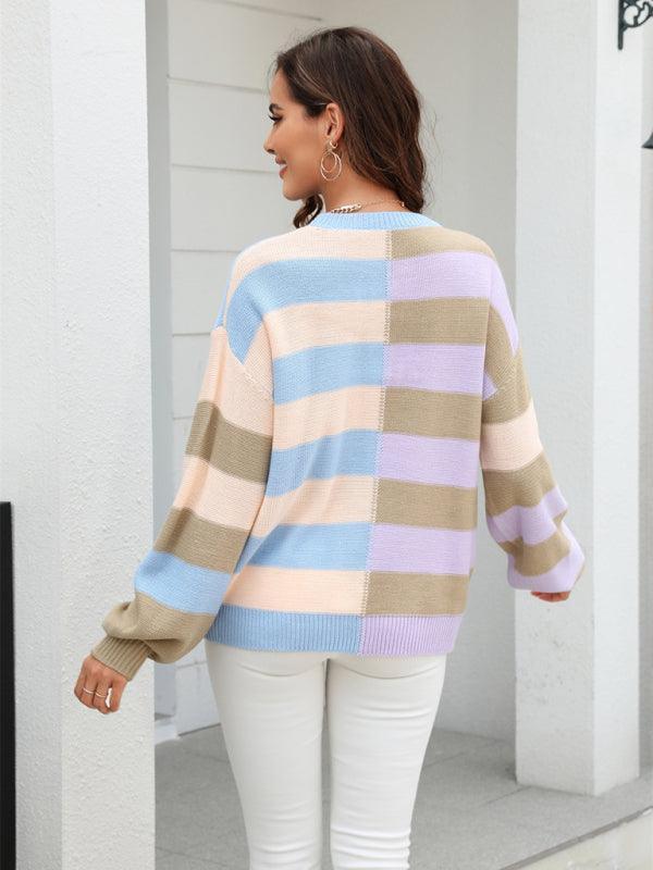 Women's patchwork striped contrasting crew neck sweater pullover - 808Lush