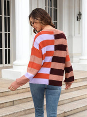 Women's patchwork striped contrasting crew neck sweater pullover - 808Lush