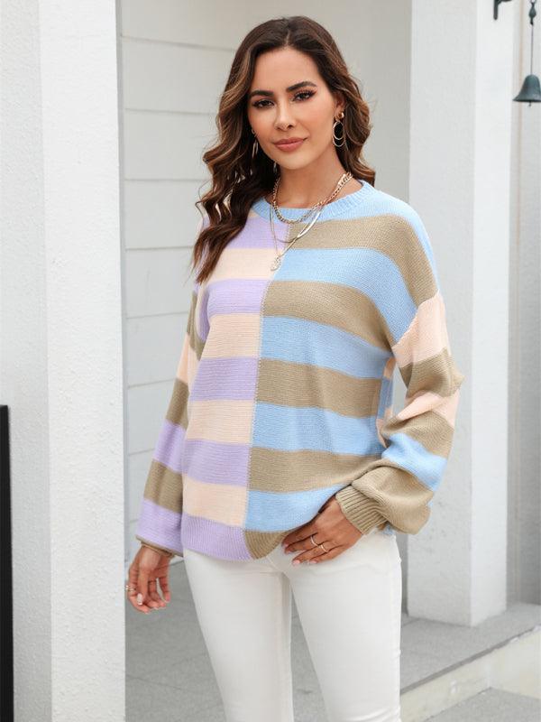 Women's patchwork striped contrasting crew neck sweater pullover - 808Lush