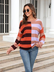 Women's patchwork striped contrasting crew neck sweater pullover - 808Lush