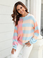 Women's patchwork striped contrasting crew neck sweater pullover - 808Lush