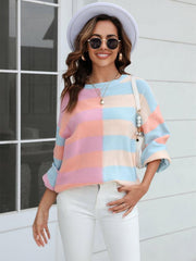 Women's patchwork striped contrasting crew neck sweater pullover - 808Lush