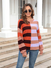 Women's patchwork striped contrasting crew neck sweater pullover - 808Lush