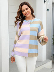 Women's patchwork striped contrasting crew neck sweater pullover - 808Lush