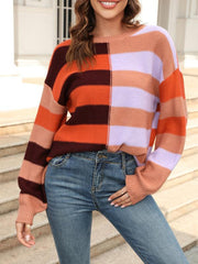 Women's patchwork striped contrasting crew neck sweater pullover - 808Lush