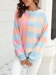 Women's patchwork striped contrasting crew neck sweater pullover - 808Lush