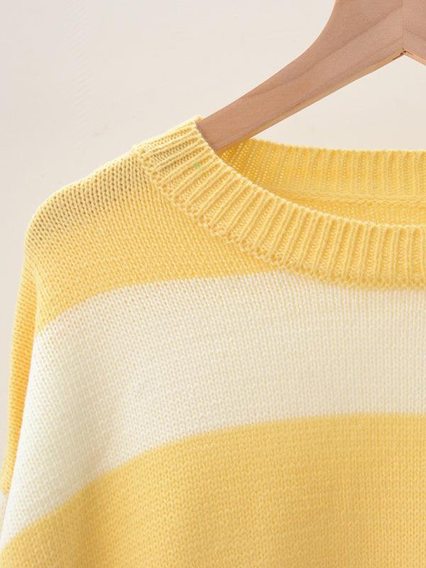 Women's patchwork striped round neck casual knitted sweater - 808Lush