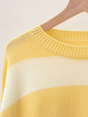 Women's patchwork striped round neck casual knitted sweater - 808Lush