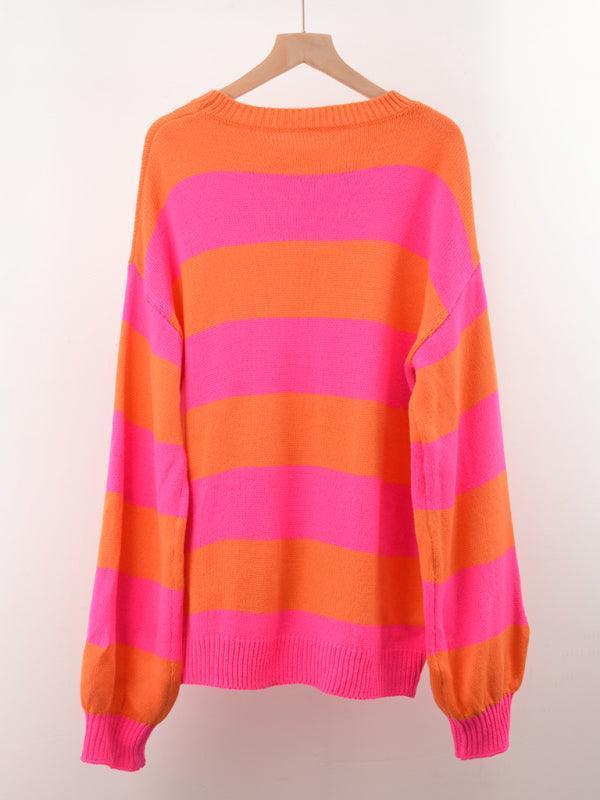 Women's patchwork striped round neck casual knitted sweater - 808Lush