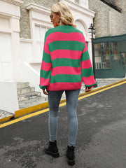 Women's patchwork striped round neck casual knitted sweater - 808Lush