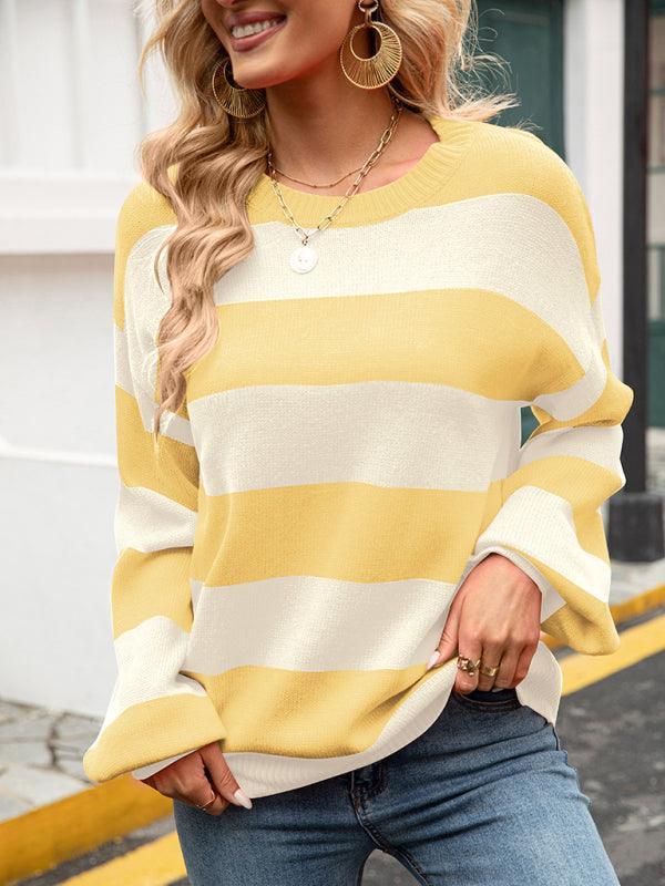 Women's patchwork striped round neck casual knitted sweater - 808Lush