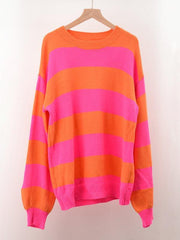 Women's patchwork striped round neck casual knitted sweater - 808Lush