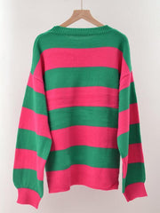 Women's patchwork striped round neck casual knitted sweater - 808Lush