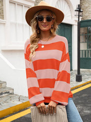 Women's patchwork striped round neck casual knitted sweater - 808Lush