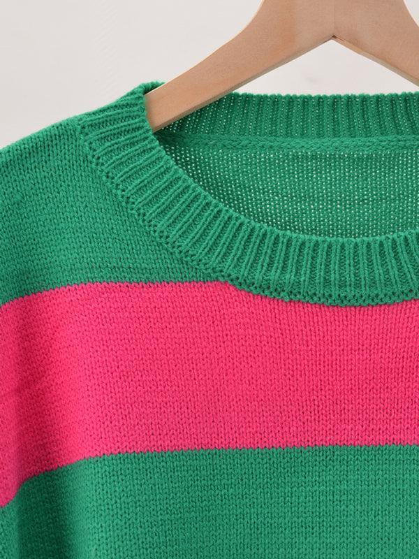 Women's patchwork striped round neck casual knitted sweater - 808Lush