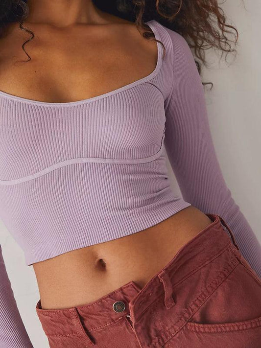 Women's pitted U-neck long-sleeved solid color navel-baring French - 808Lush