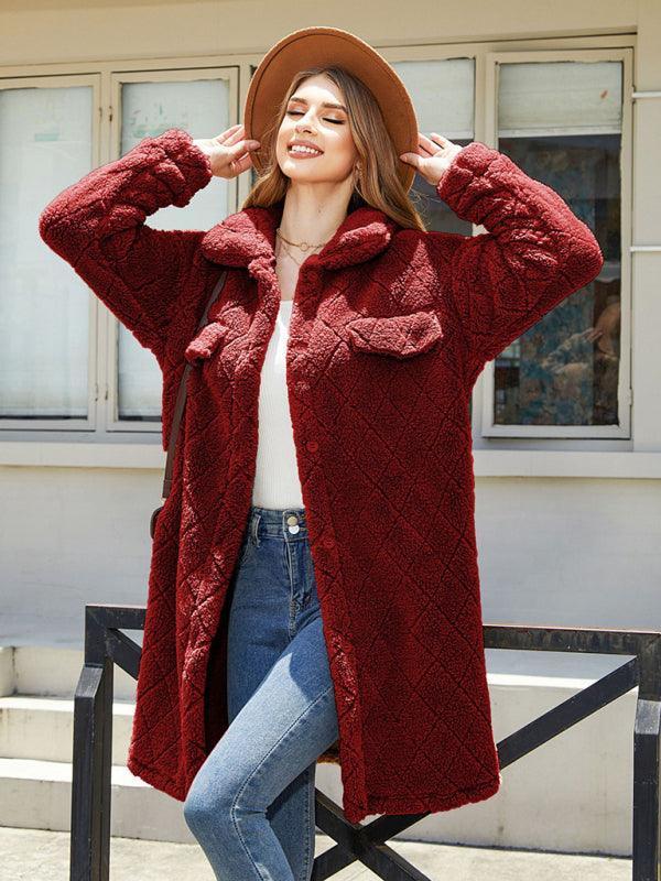 Women's plaid plush button long coat - 808Lush