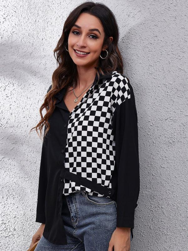 Women's polka chain checkerboard mosaic Long Sleeve Shirt - 808Lush