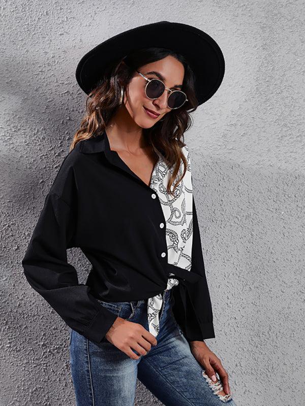 Women's polka chain checkerboard mosaic Long Sleeve Shirt - 808Lush