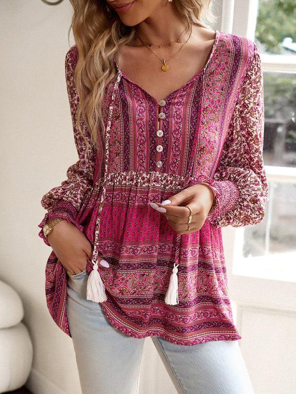 Women's positioning printed button bohemian top - 808Lush