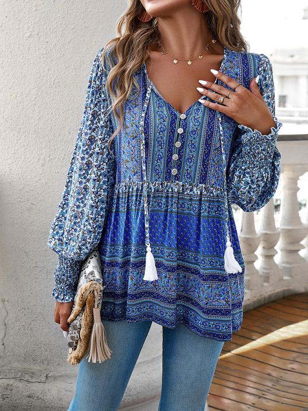 Women's positioning printed button bohemian top - 808Lush