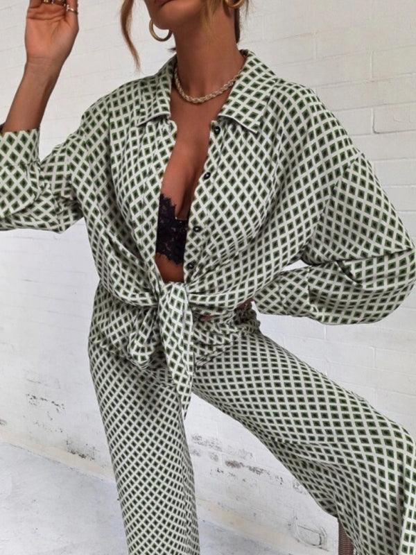 Women's printed long-sleeved off-shoulder shirt and trousers 2-piece suit - 808Lush