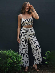 Women's printed sleeveless suspender top + long wide-leg pants two-piece set - 808Lush