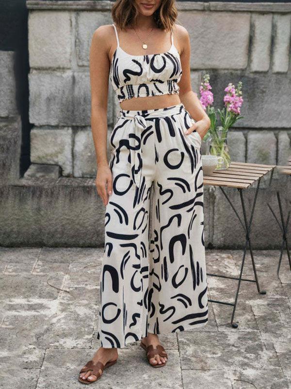 Women's printed sleeveless suspender top + long wide-leg pants two-piece set - 808Lush