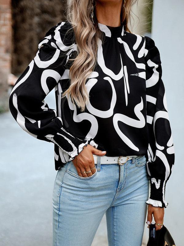 Women's printed turtleneck puff sleeve top blouse - 808Lush