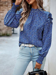 Women's printed turtleneck puff sleeve top blouse - 808Lush