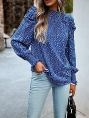 Women's printed turtleneck puff sleeve top blouse - 808Lush