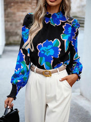 Women's printed turtleneck puff sleeve top blouse - 808Lush