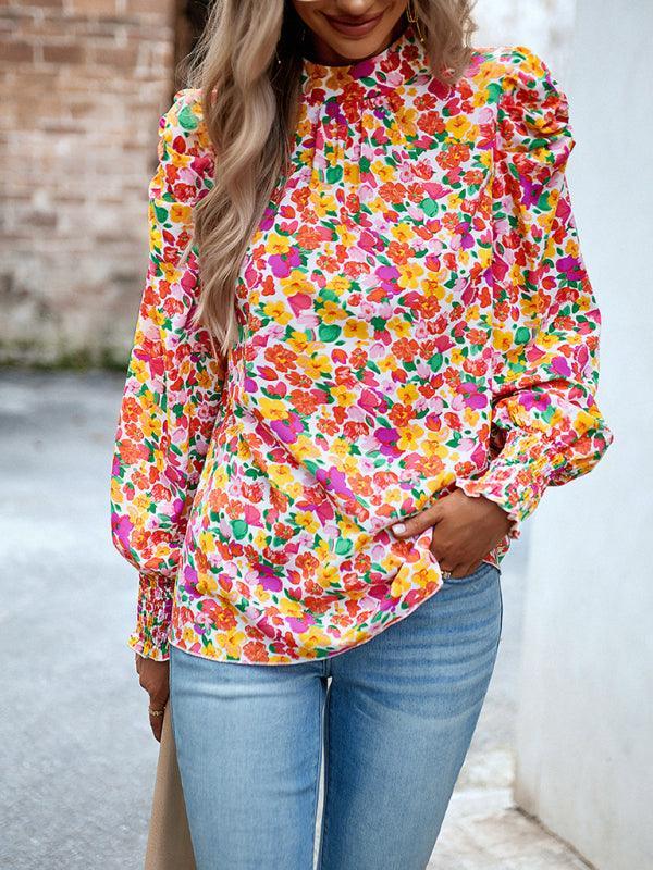 Women's printed turtleneck puff sleeve top blouse - 808Lush