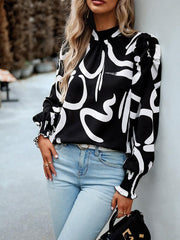 Women's printed turtleneck puff sleeve top blouse - 808Lush