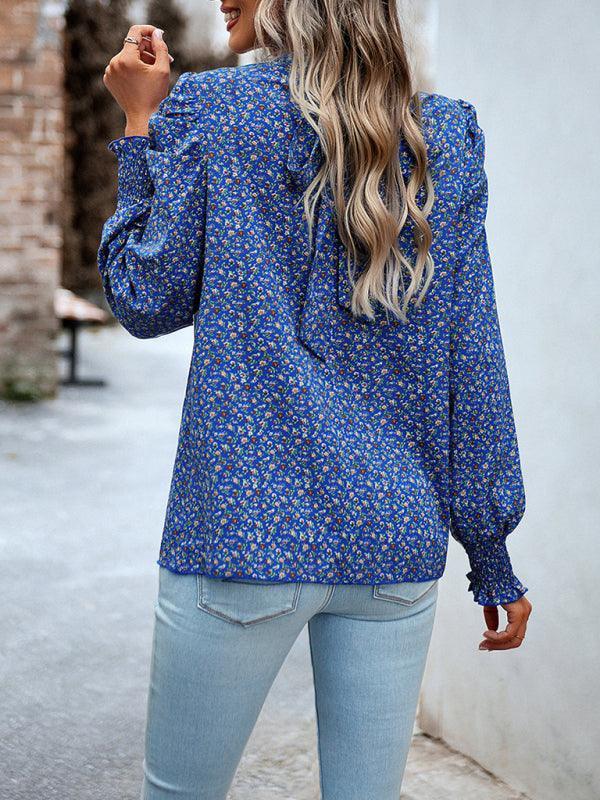 Women's printed turtleneck puff sleeve top blouse - 808Lush