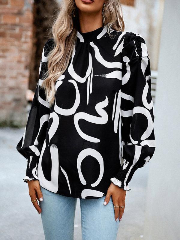 Women's printed turtleneck puff sleeve top blouse - 808Lush