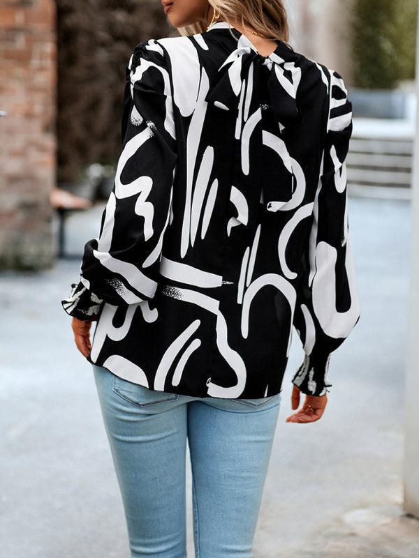 Women's printed turtleneck puff sleeve top blouse - 808Lush