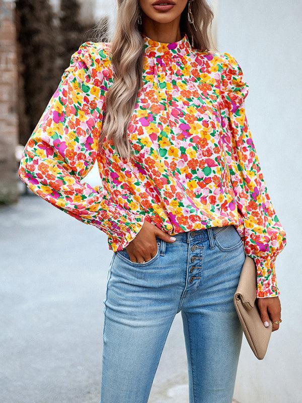 Women's printed turtleneck puff sleeve top blouse - 808Lush