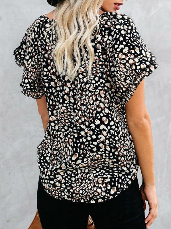 Women's printed v-neck half cardigan loose short-sleeved shirt - 808Lush