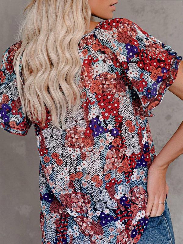 Women's printed v-neck half cardigan loose short-sleeved shirt - 808Lush