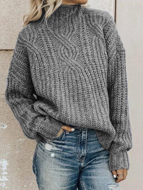 Women's pullover turtleneck twist knitted sweater top - 808Lush