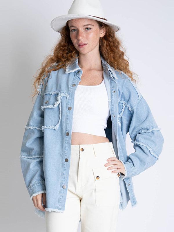 Women's raw edge denim jacket back lettered long sleeve jacket - 808Lush